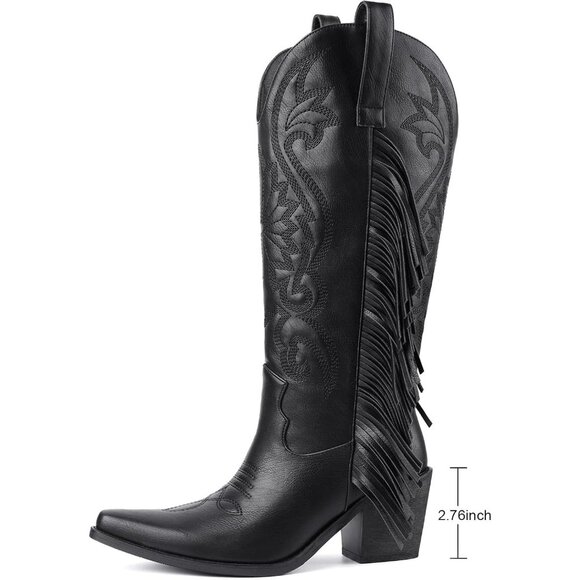 Women's Black Pointed Toe Wide Calf Fringe Cowgirl Knee High Chunky Heel Boots - Picture 5 of 7